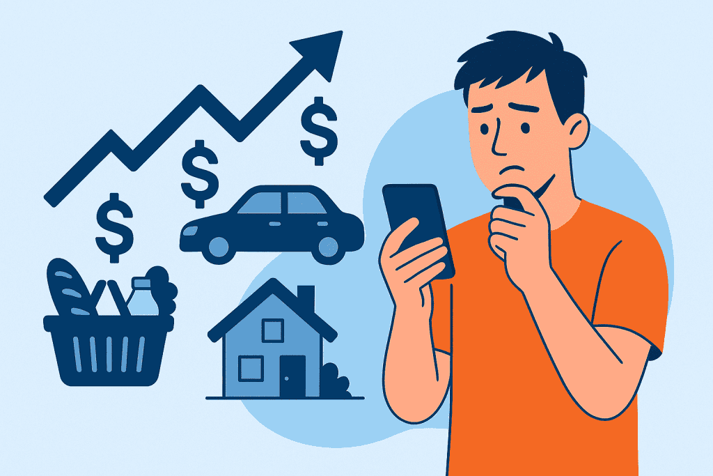 Illustration of person checking phone with icons of spending on groceries, car, and house