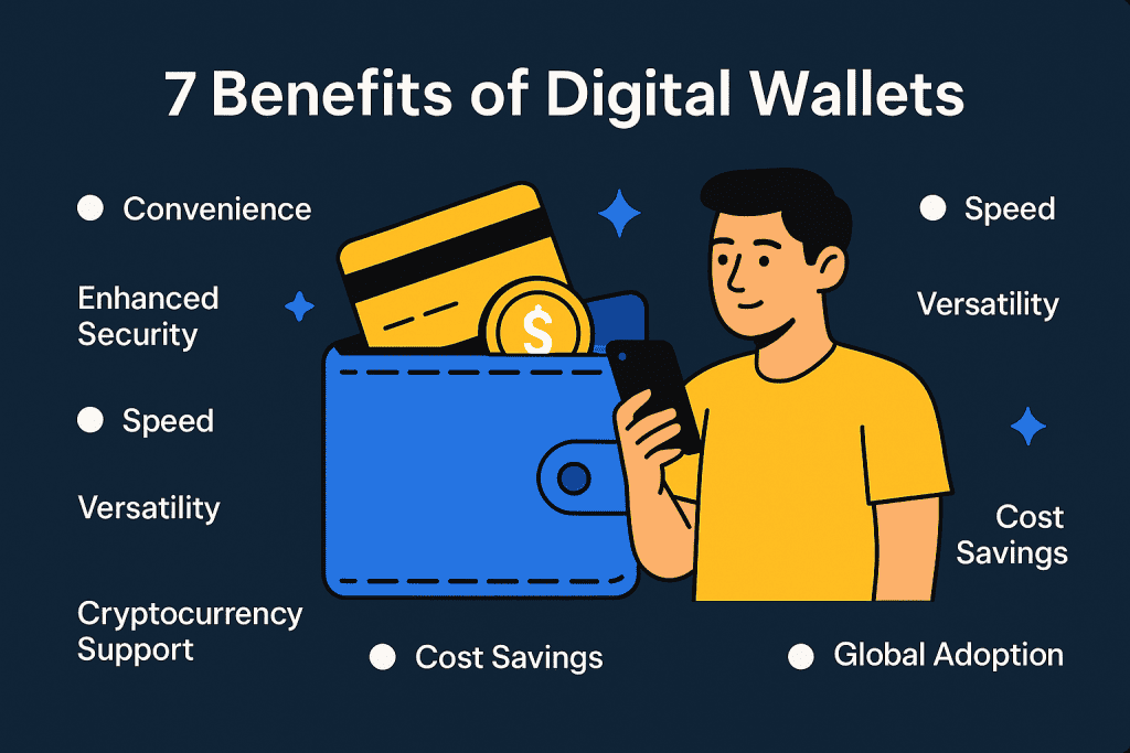 Infographic showing 7 benefits of digital wallets with wallet and smartphone illustration