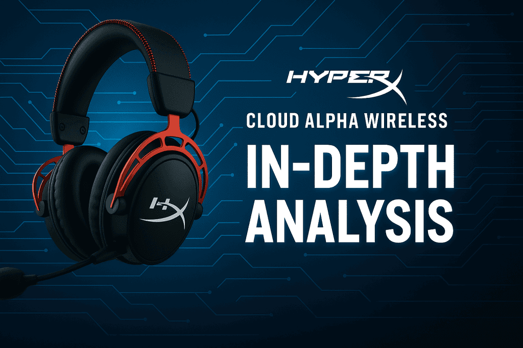 HyperX Cloud Alpha Wireless headset with bold text ‘In-Depth Analysis’ on a futuristic tech-inspired background