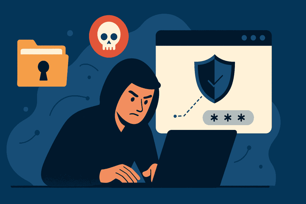 Illustration of a hooded figure at a laptop conducting hacking, with a skull warning icon and a locked folder in the background representing cybersecurity threats.