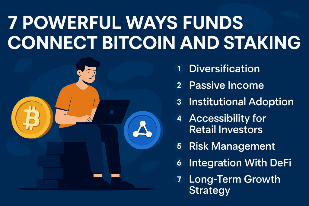 Infographic showing 7 ways crypto funds connect Bitcoin and staking
