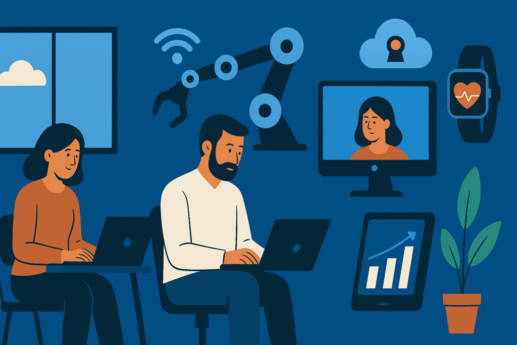 Hybrid work with laptops, AI, cloud, and wearable tech.