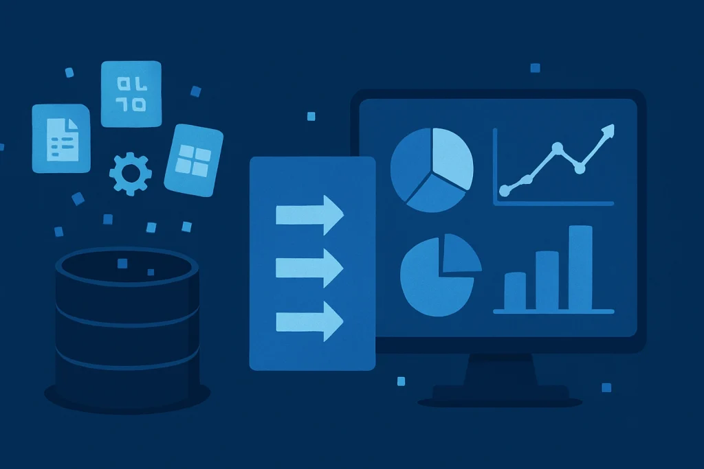 Diagram of raw data transforming into charts and insights.