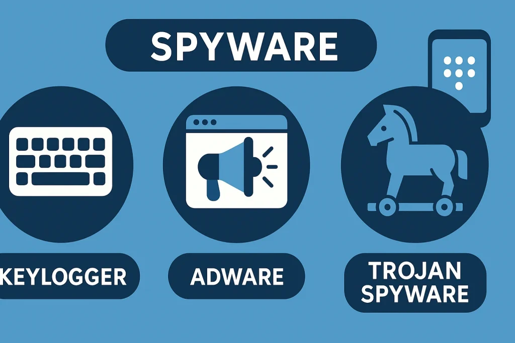 Icons of keylogger, adware, and Trojan spyware.