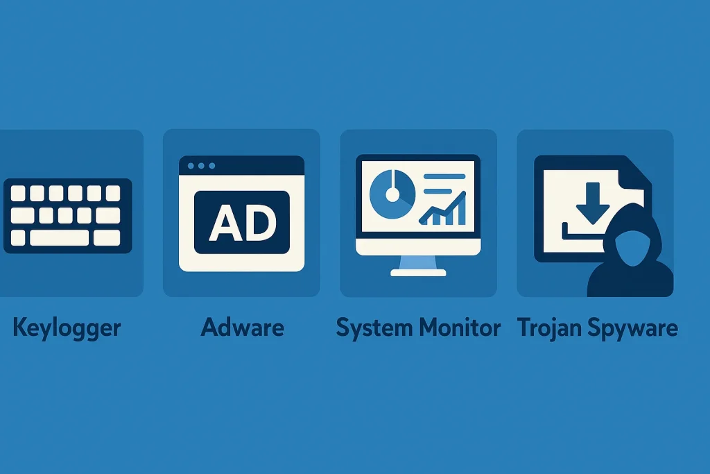 Diagram comparing keyloggers, adware, system monitors explaning what is spyware.