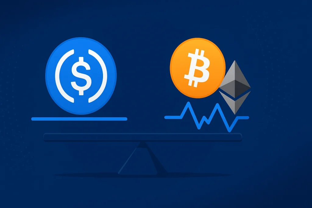 Graphic comparing USDC to Bitcoin and Ethereum, highlighting price stability versus volatility