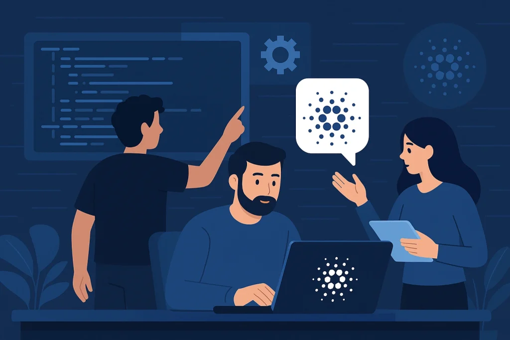Developers collaborating on Cardano blockchain updates in modern workspace and talking about Cardano News