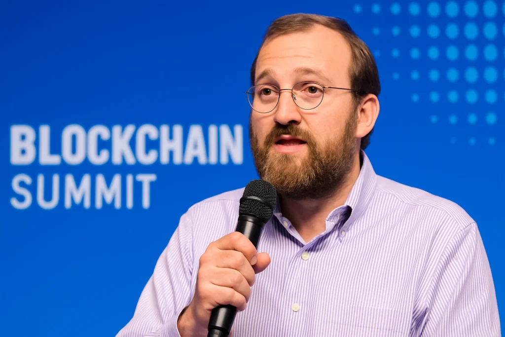 Charles Hoskinson speaking into microphone at blockchain summit.