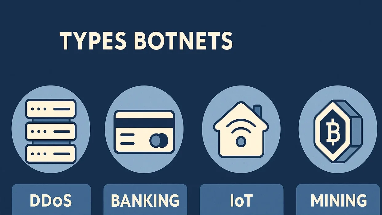 Explaining what is a botnet by presenting a Diagram comparing DDoS, banking, IoT, and mining botnets.