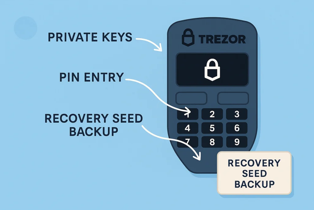 Trezor device with arrows for private keys, PIN, and recovery seed.