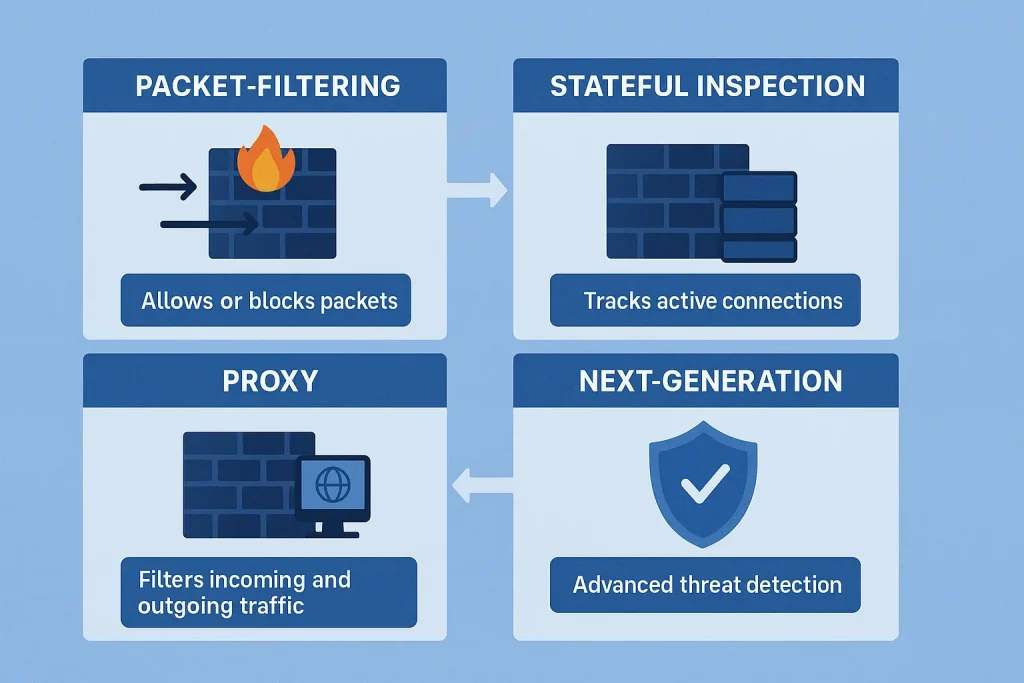 Diagram comparing packet-filtering, stateful, proxy, and next-gen firewalls.