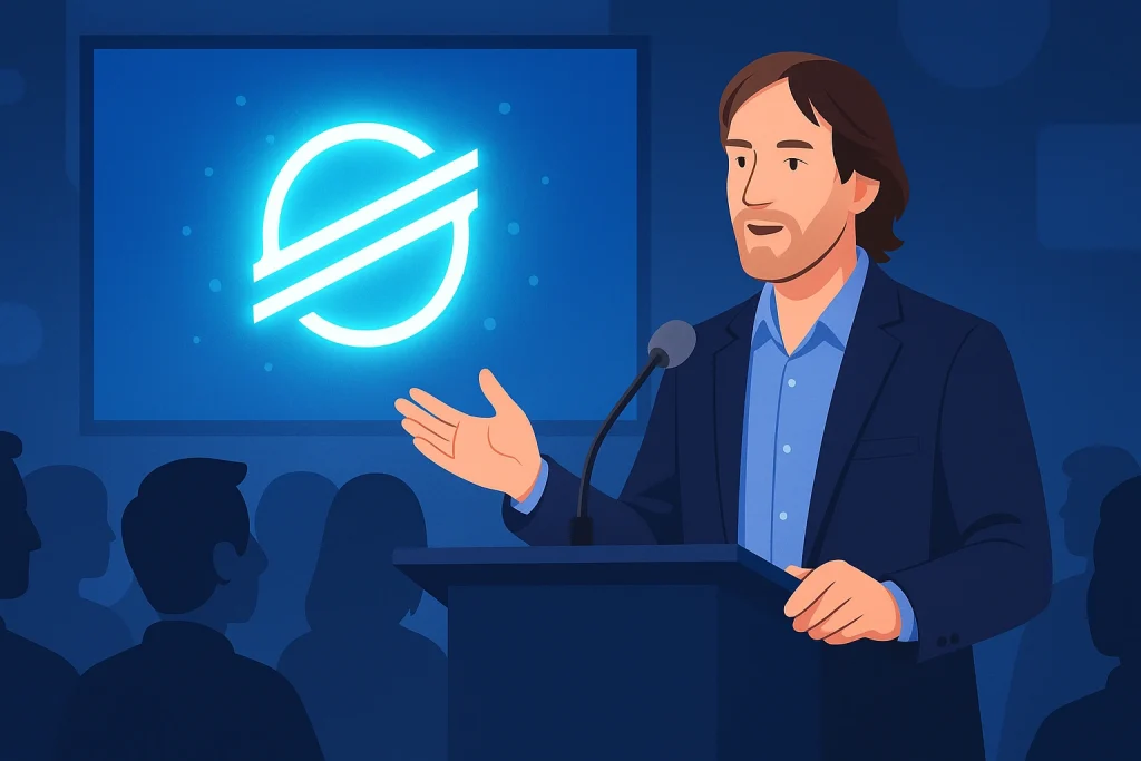 Jed McCaleb presenting Stellar vision at crypto conference.