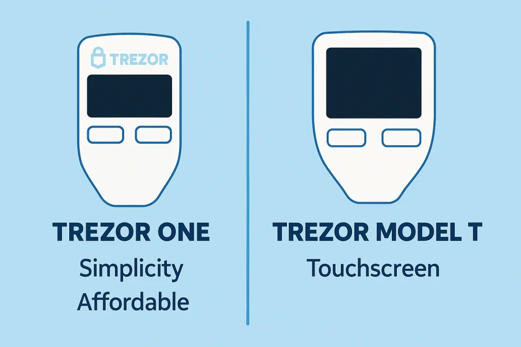 Comparison of Trezor One and Trezor Model T features.