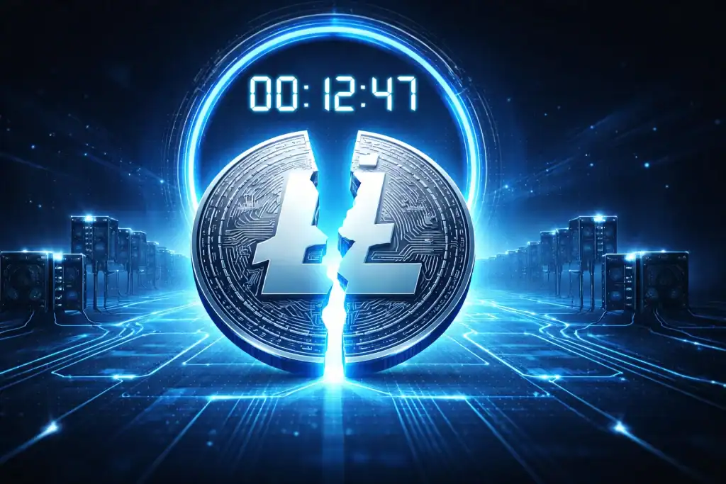Litecoin Halving illustrated as a glowing silver coin split by a countdown clock above a digital mining network