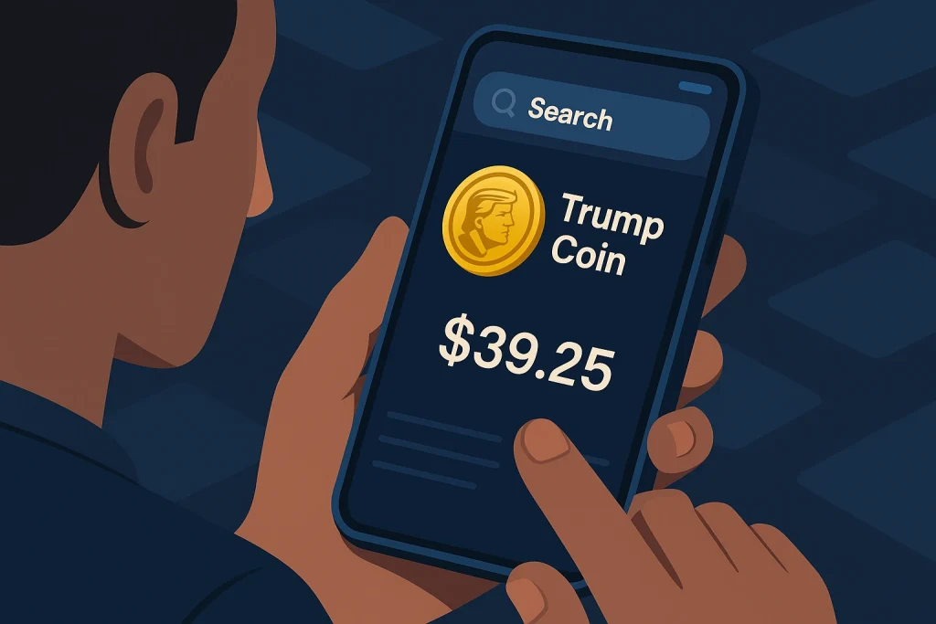 a person checking how to buy trump coin and screenshot of a cryptocurrency exchange platform showing search for Trump Coin