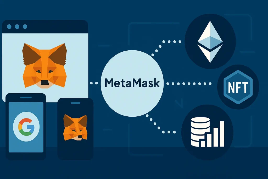 Metamask wallet connecting to Ethereum, NFTs, and DeFi via browsers and mobile.