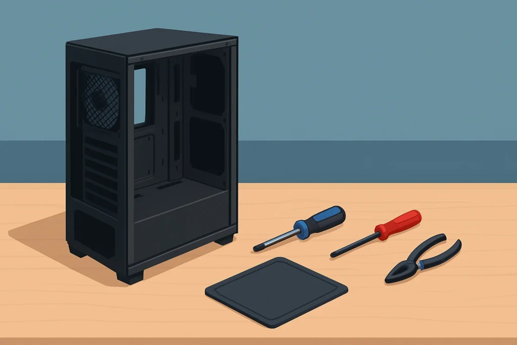 how to build a gaming PC case and tools prepared on a clean desk
