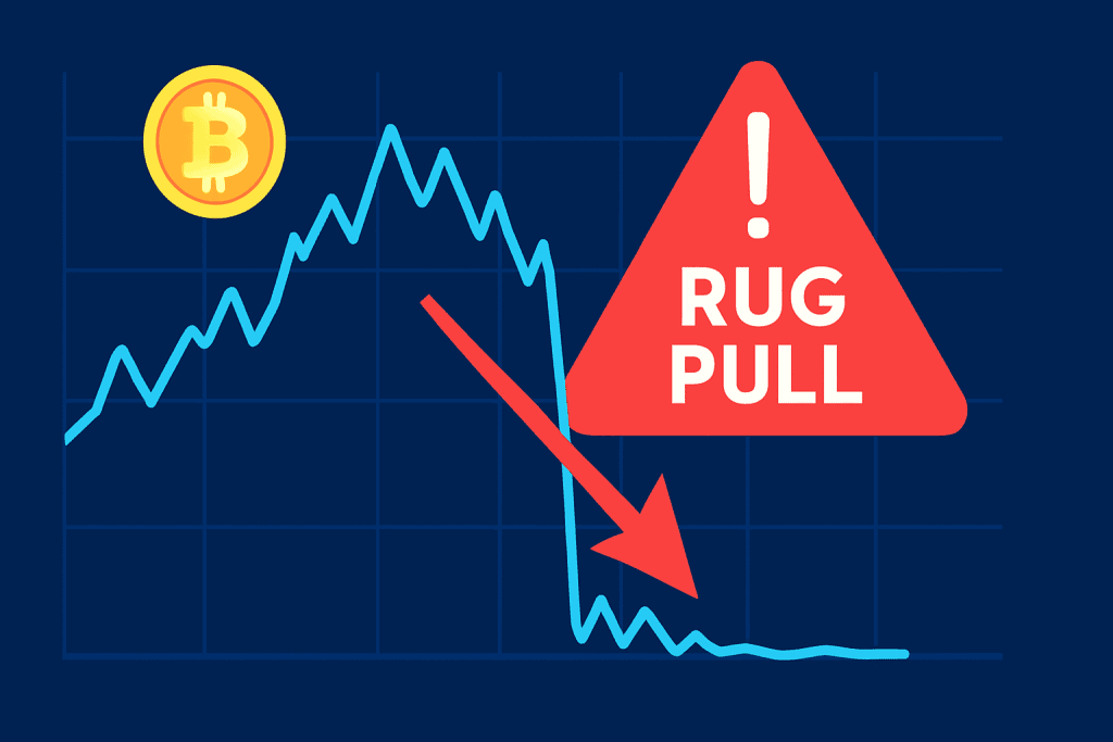 Chart showing sudden crypto rug pull crash with warning symbol
