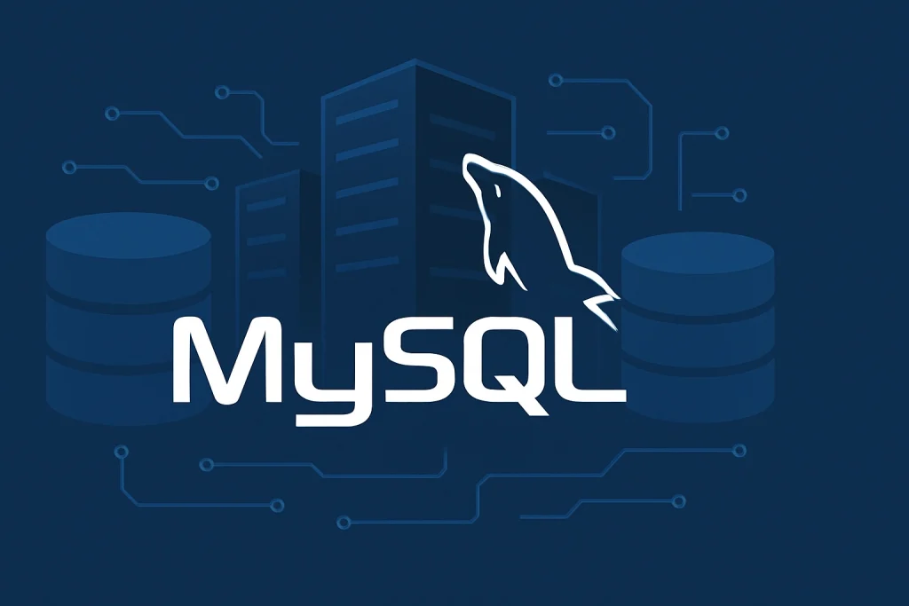MySQL logo with servers and database icons representing data storage.