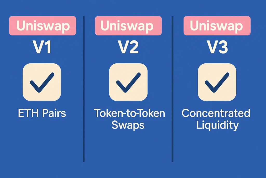 Chart comparing Uniswap V1 ETH pairs, V2 token swaps, and V3 concentrated liquidity.
