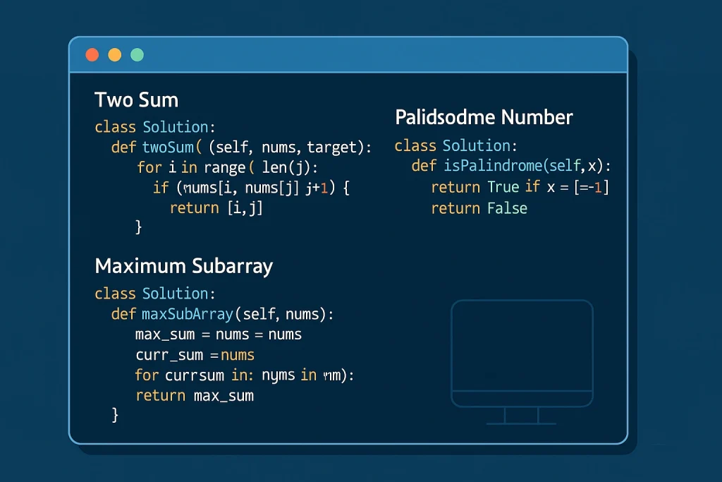 Coding interface with LeetCode-style problems and solutions displayed.
