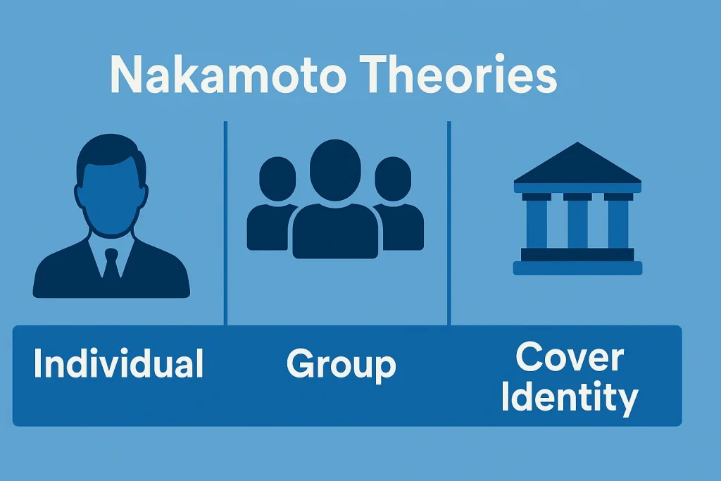 Diagram comparing Nakamoto as individual, group, or government cover identity.