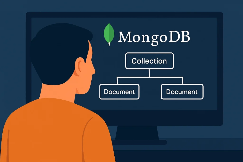 Person from behind viewing MongoDB collection and document diagram on desktop screen.