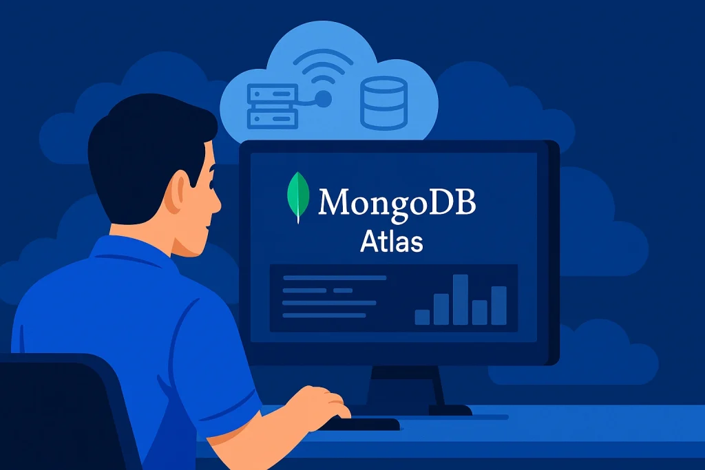 Person viewing MongoDB Atlas cloud database interface on monitor.