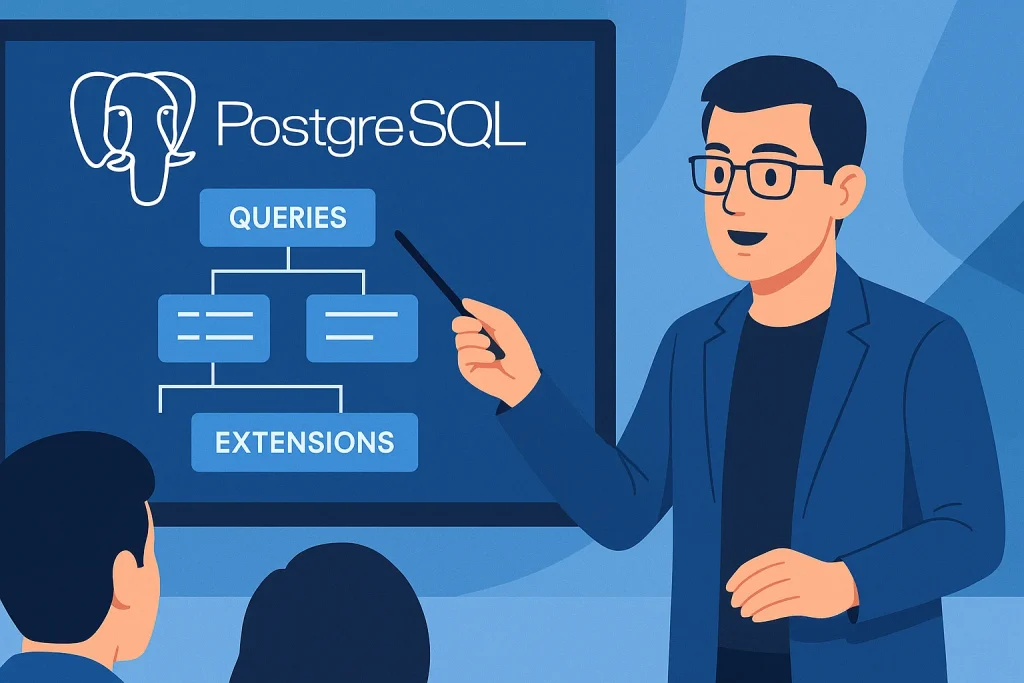 Professor presenting PostgreSQL architecture diagram with tables, queries, and extensions.