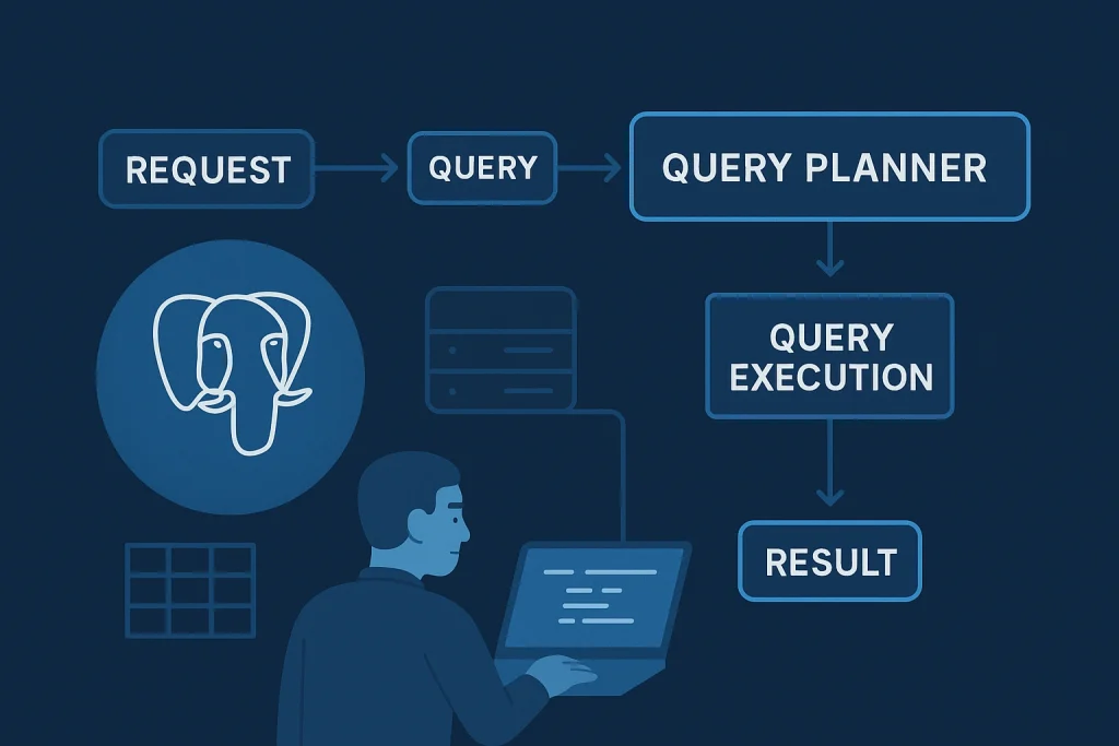 PostgreSQL flowchart showing query process from request to result.