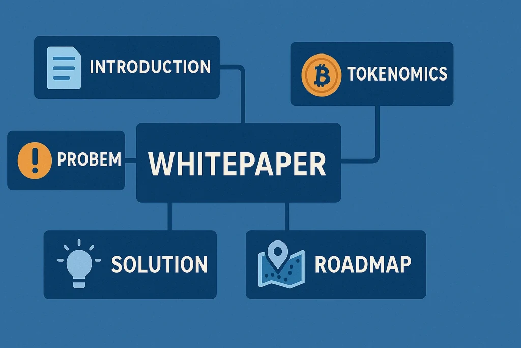 Diagram of cryptocurrency whitepaper structure with sections for introduction, problem, solution, tokenomics, and roadmap.