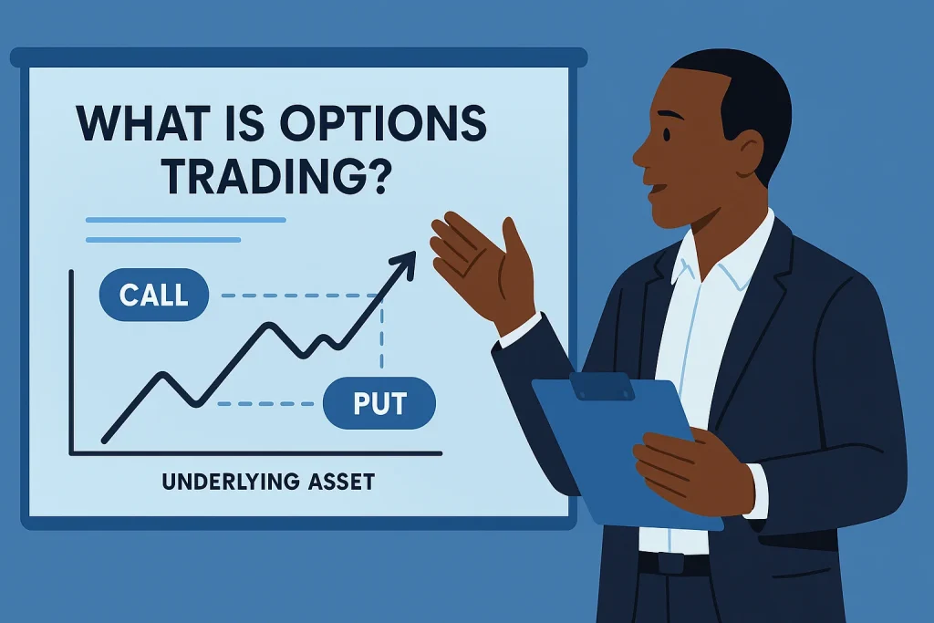 Investor presenting options trading chart with call and put levels.