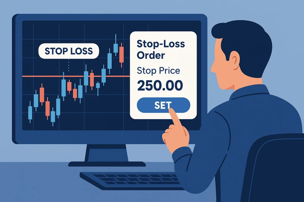Trader setting stop-loss order on stock trading platform screen.