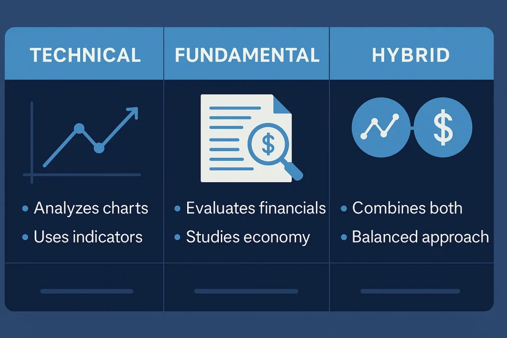 Comparison table of technical, fundamental, hybrid strategies