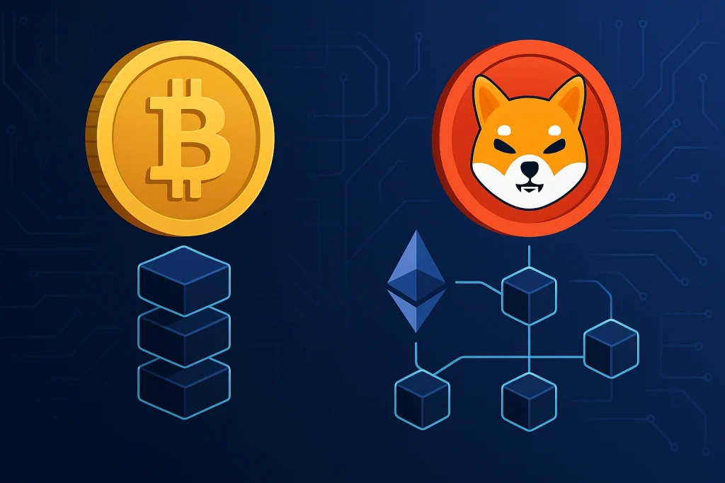 Graphic comparing Bitcoin blockchain to Ethereum-based tokens like Shiba Inu coin