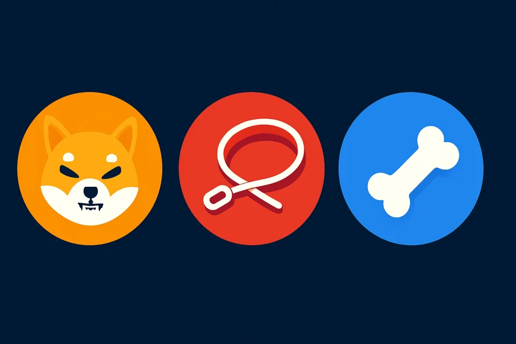 icons representing SHIB, LEASH, and BONE tokens within the Shiba Inu ecosystem