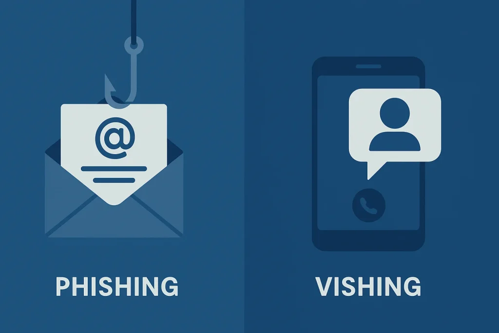 Phishing email and fake call illustrating what is social engineering.