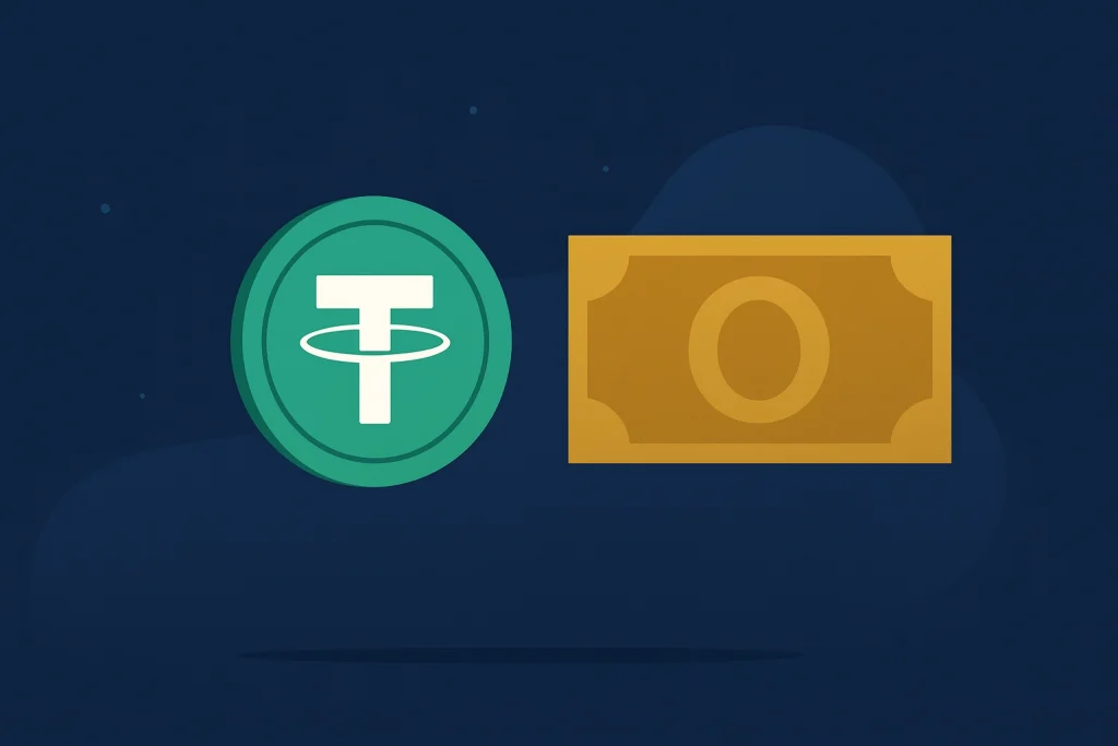 Tether token shown next to U.S. dollar bill illustrating pegging.