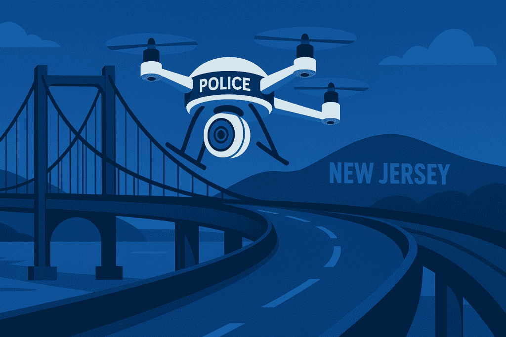 Police drone inspecting New Jersey bridge and highway.