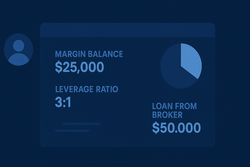 Trader dashboard showing margin balance, leverage, and broker loan.