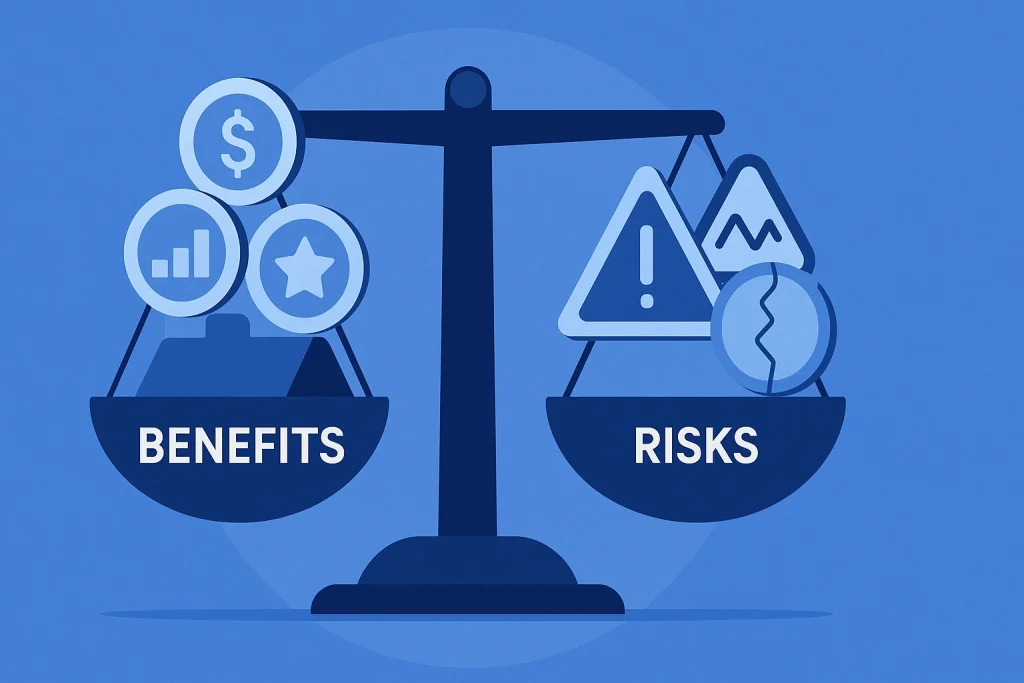Balanced scale weighing benefits and risks of margin trading.