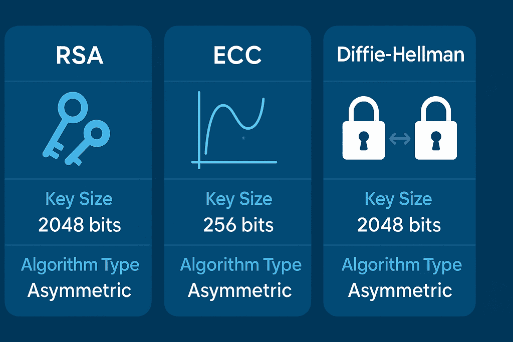 Comparison chart of RSA, ECC, and Diffie-Hellman encryption.
