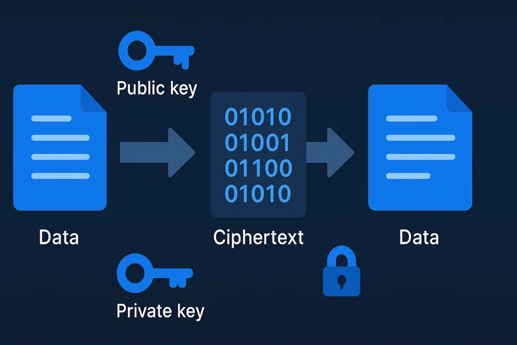 Diagram of encryption and decryption using public and private keys.