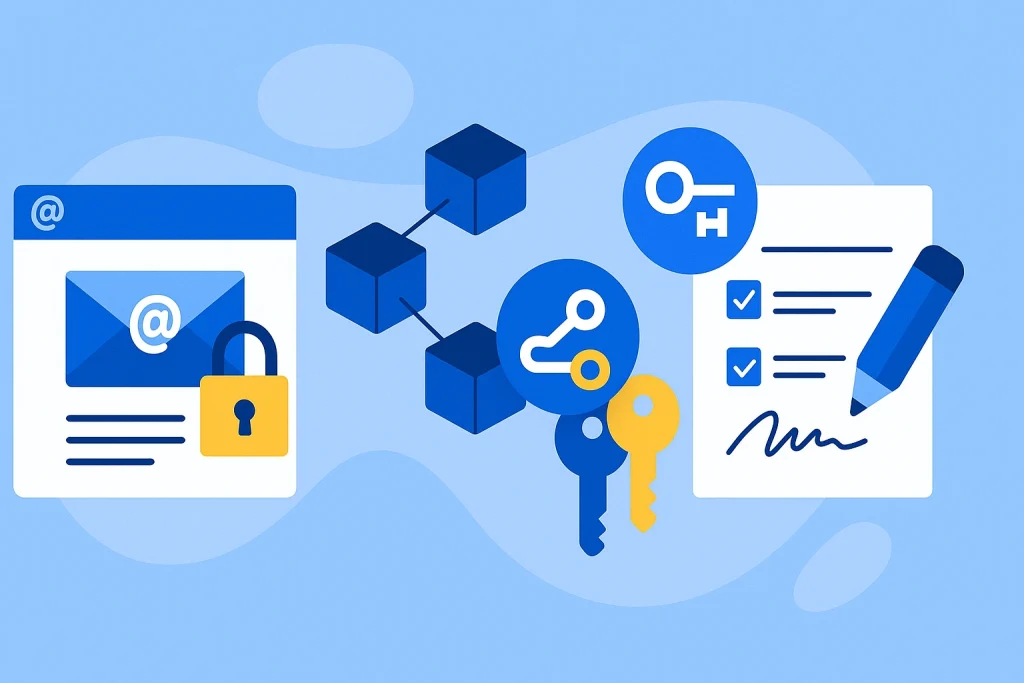 Secure email, blockchain, and digital signatures via public key cryptography.