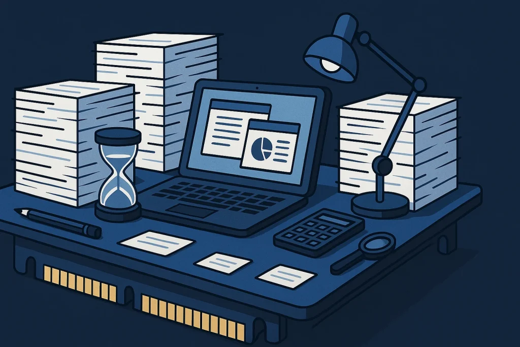 Illustration showing RAM as a busy office desk filled with documents and tools.)