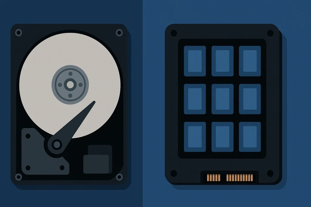 Diagram showing the difference between HDD with spinning disks and SSD with flash chips.