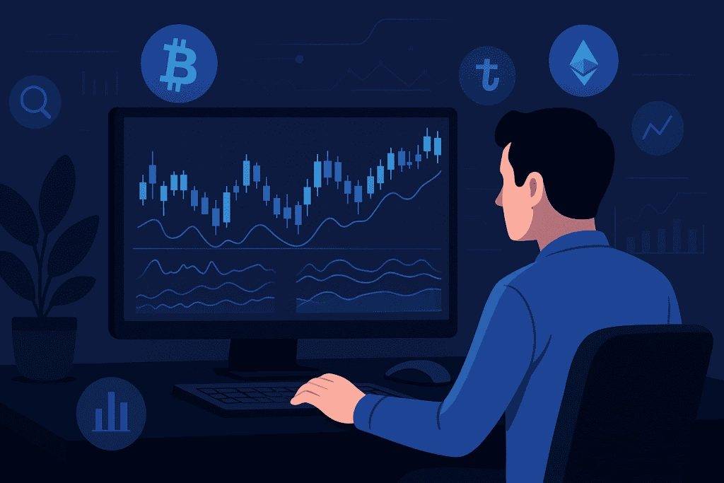a person looking at the flow chart stocks on the blockchain and using swing trading