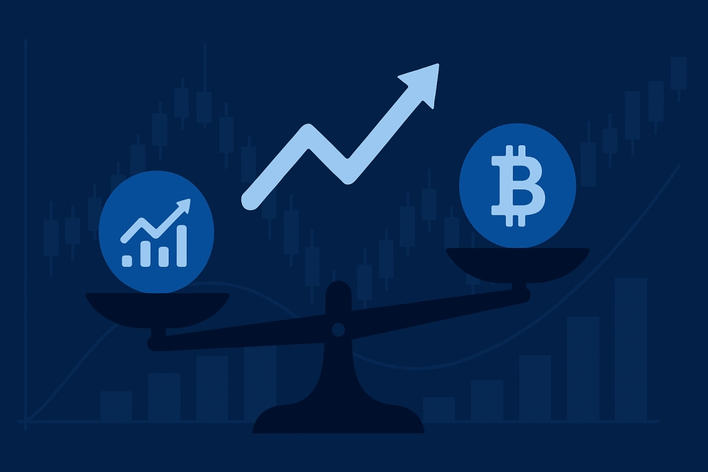 Stocks and Bitcoin icons balanced on scale with rising profit arrow illustration
