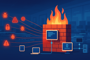 Firewall blocks cyber threats from infecting office network.