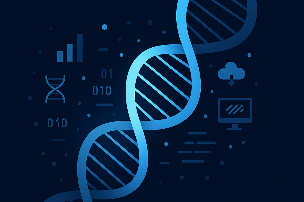 Digital DNA strand with data symbols representing Bioinformatics data analysis.